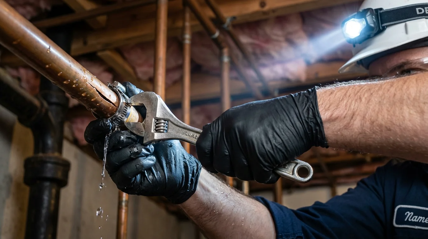 Emergency pipe clamp repair being performed by a Johns Plumbing LLC plumber in Asheboro