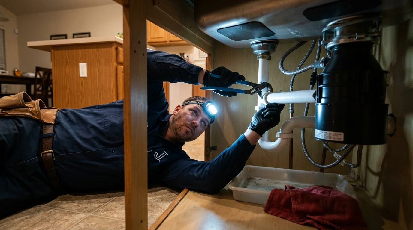 P-trap and supply line connections under a kitchen sink showing a common leak point in Asheboro, NC